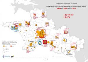 Carte de l'évolution des surfaces de ventre supérieures à 300m² en Cornouaille (mi 2009-mai 2012)