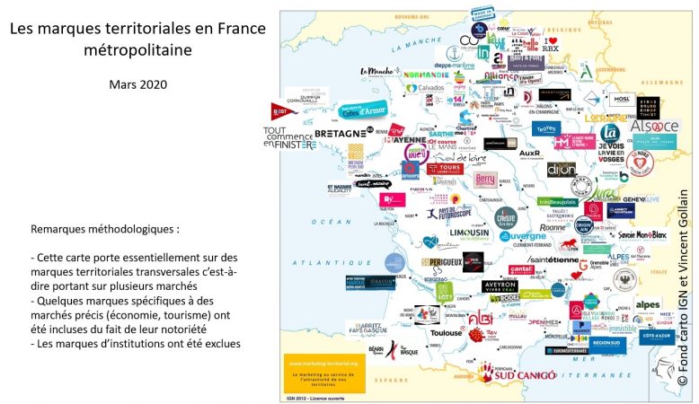 carte des marques territoriales de France métropolitaine du site marketing-territorial.org de Vincent Gollain, mars 2020