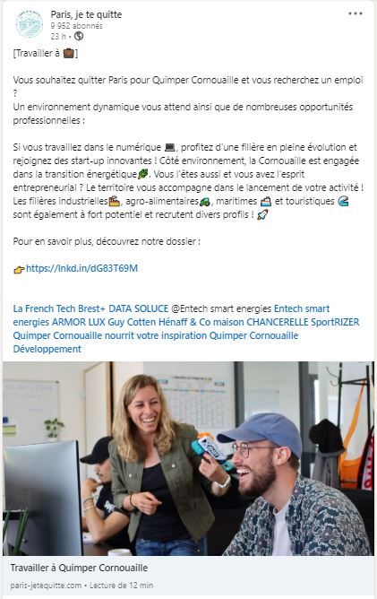 Lancement de la page Travailler à Quimper Cornouaille : post LinkedIn Paris je te quitte