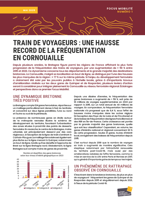 Focus mobilité numéro 1, TRAIN DE VOYAGEURS : UNE HAUSSE RECORD DE LA FRÉQUENTATION EN CORNOUAILLE, 2025, publication de Quimper Cornouaille Développement